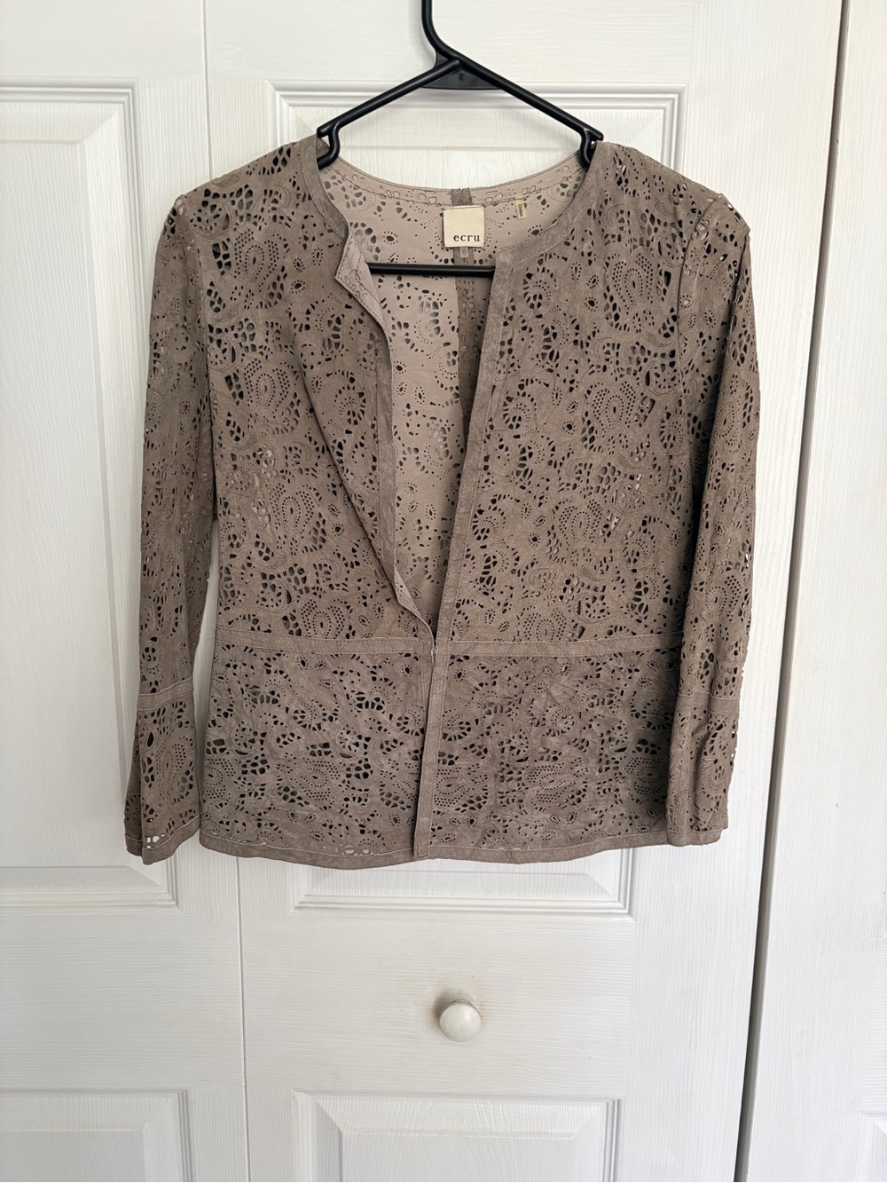 Ecru Taupe Eyelet Open-Front Leather Jacket
